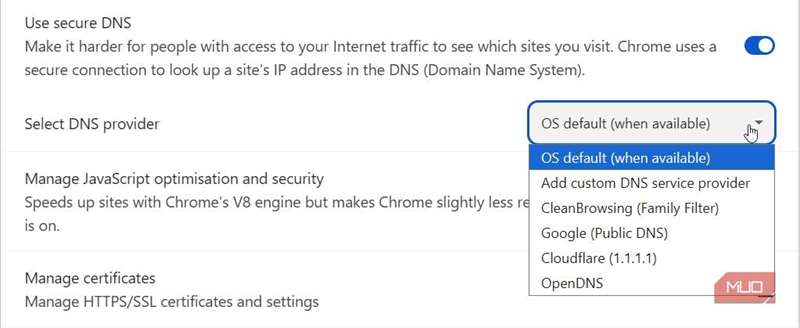 گزینه‌های پیکربندی DNS امن گوگل کروم