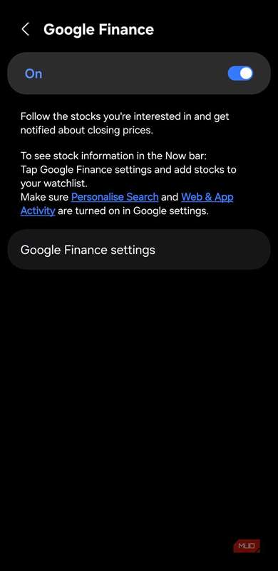 صفحه سوئیچ گوگل فایننس با متن توصیفی