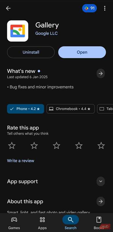 صفحه برنامه Google Gallery در فروشگاه Play