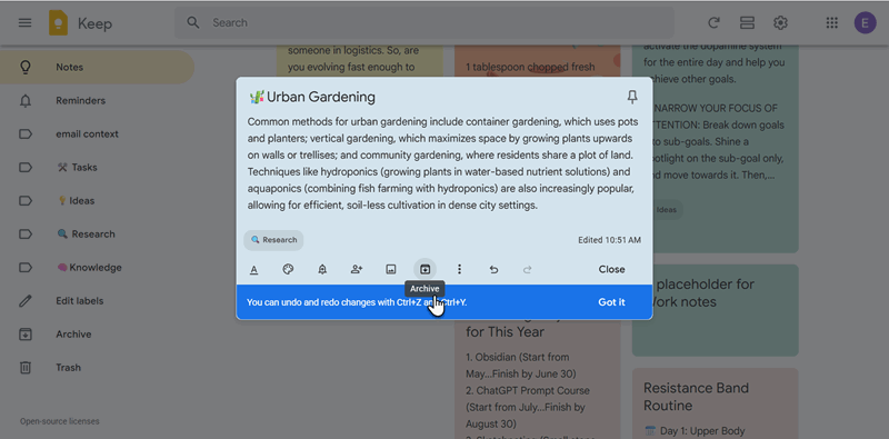فهرست‌های بایگانی Google Keep