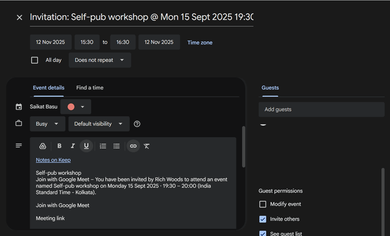 لینک Google Keep در یک رویداد Google Calendar