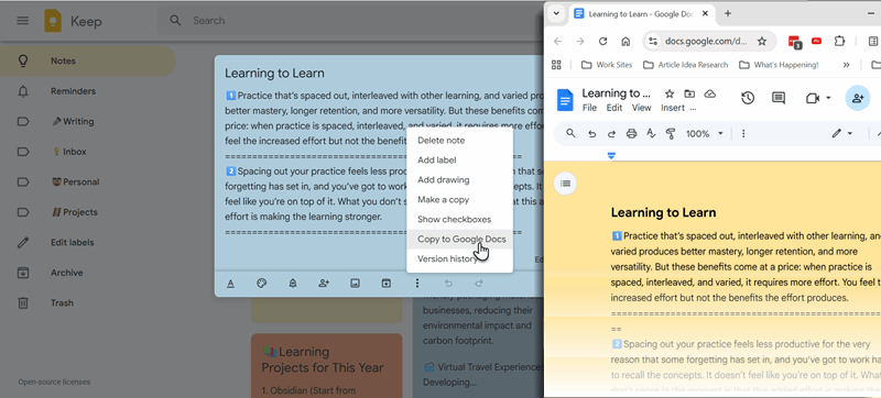 ویژگی کپی به گوگل داکس در گوگل کیپ
