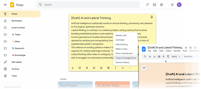 کپی یادداشت‌های طولانی Google Keep به Google Docs