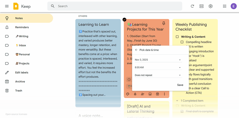 یک یادآور و یک فهرست کارها در گوگل کیپ