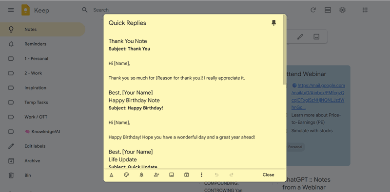پاسخهای قالبی Google Keep