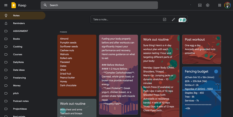 برنامه وب Google Keep که یادداشت‌های سنجاق‌شده را نشان می‌دهد