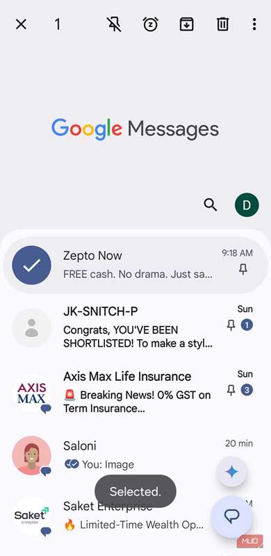 منوی فشردن طولانی پیام‌های گوگل روی گوشی اندروید