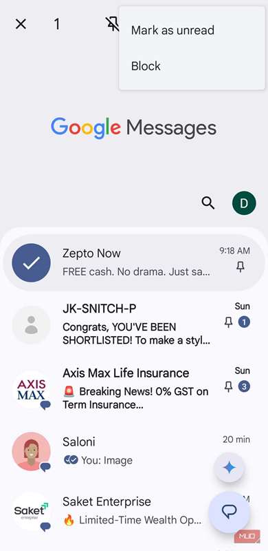 منوی سه نقطه پیام‌های گوگل روی گوشی اندروید