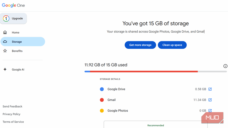 زبانه ذخیره‌سازی Google One که فضای استفاده‌شده توسط Gmail را نشان می‌دهد.