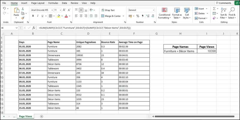 جمع‌آوری بازدیدهای صفحه برای SKUهای خاص با استفاده از SUMIF