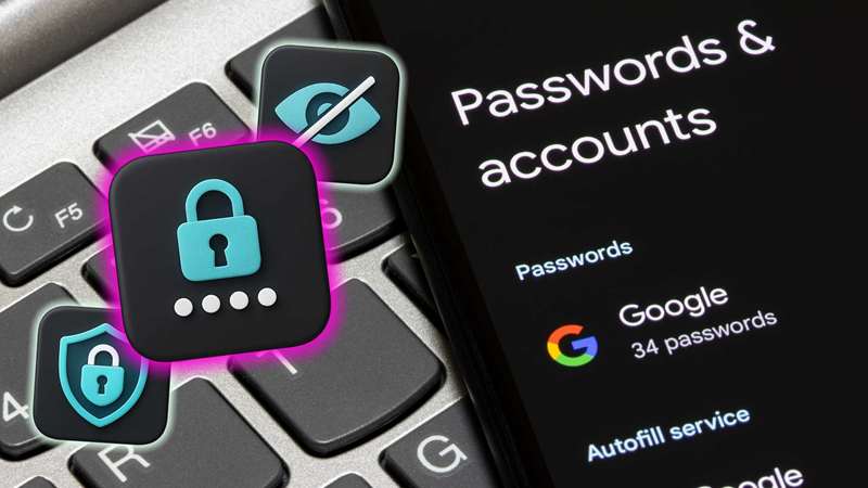صفحهٔ مدیریت رمز عبور گوگل در گوشی هوشمند با نمادهای امنیتی رمز عبور.