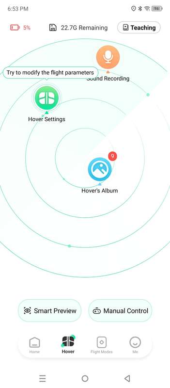 انتخاب‌های اصلی Hoverair X1 پس از اتصال از طریق برنامه