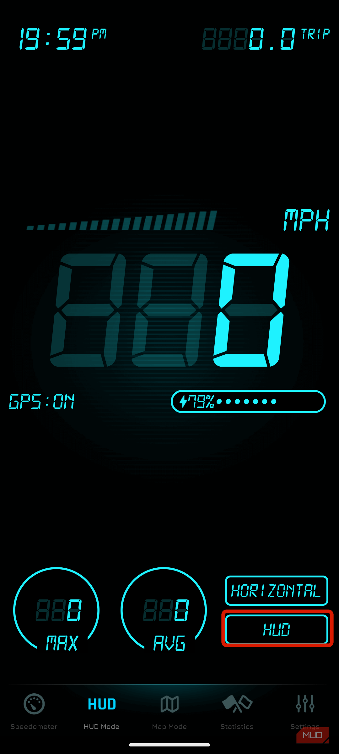 حالت HUD برنامه HUD Speedometer.