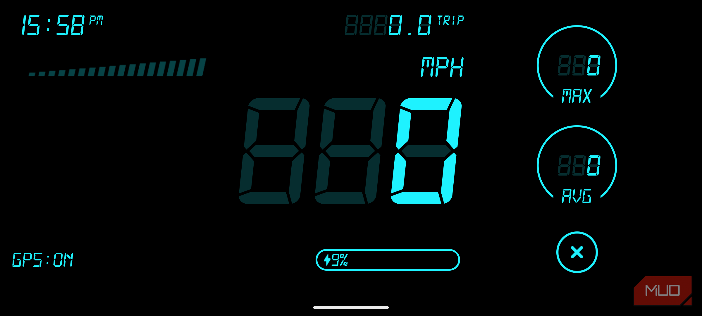 حالت HUD برنامه HUD Speedometer در حالت افقی.