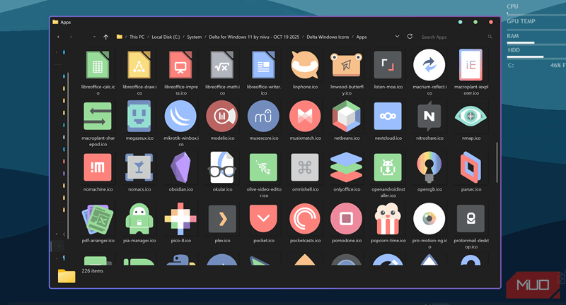 انتخاب آیکون‌ها برای برنامه‌های نوار کار