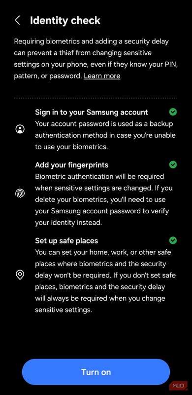 صفحه تنظیمات بررسی هویت با گزینههای بیومتریک و مکان امن