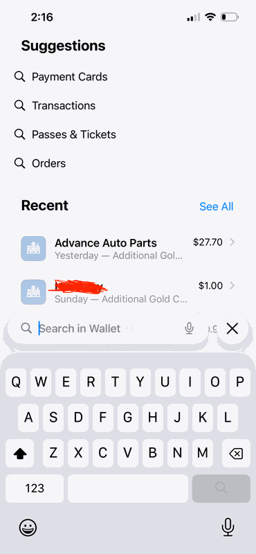 فهرست تراکنش‌های اخیر در Apple Wallet