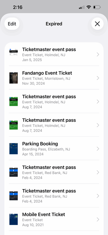 بلیط‌های گذشته‌ای که منقضی شده‌اند در Apple Wallet
