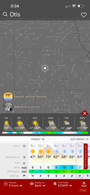 پیش‌بینی برای یک شهر خاص در برنامهٔ Windy.com