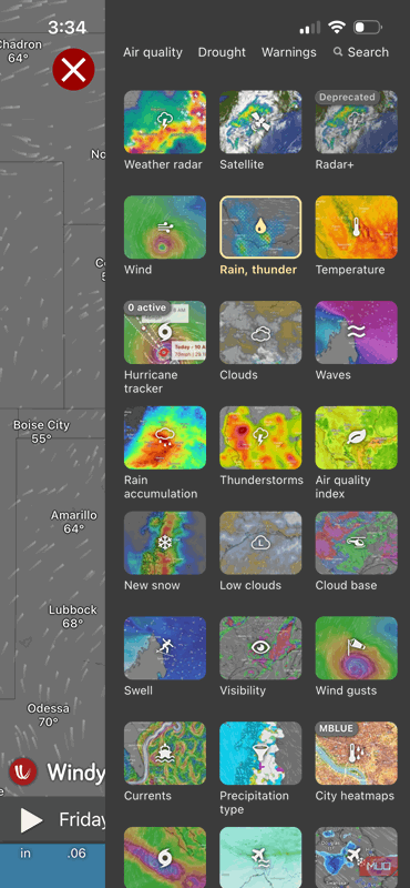 منوی ویژگی‌ها در برنامهٔ Windy.com
