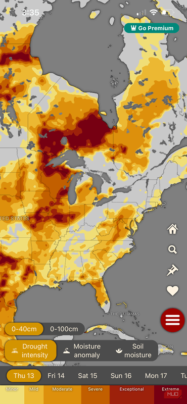 قابلیت خشکسالی در برنامهٔ Windy.com