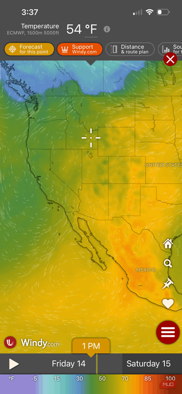 قابلیت دما در Windy.com