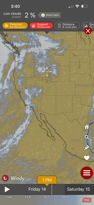 تنظیمات ابرها در Windy.com