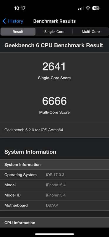 نتیجه Geekbench CPU آیفون ۱۵