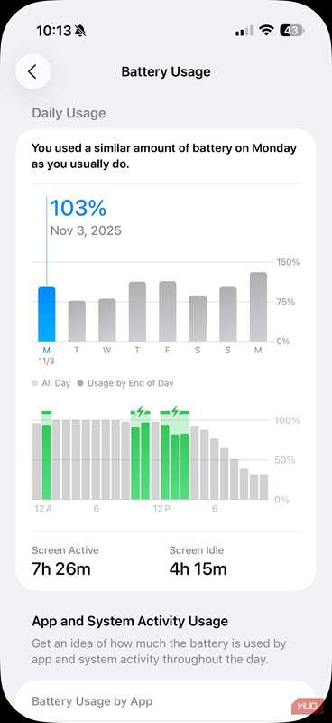 اسکرین‌شات نمودار باتری در برنامه تنظیمات iPhone Air.