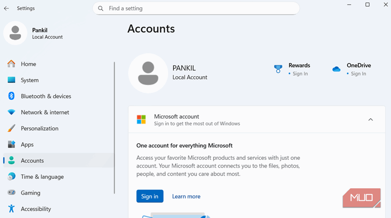 منوی حساب محلی در ویندوز 11