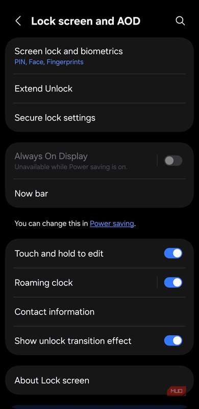 منوی صفحه‌قفل و AOD که گزینه نوار حال (Now Bar) را نشان می‌دهد