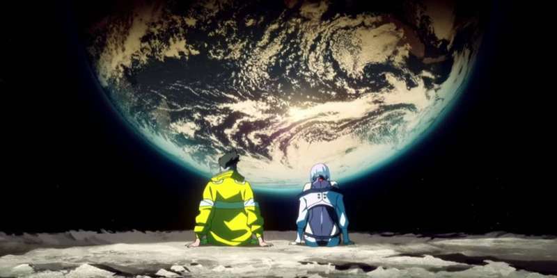 لوسی و دیوید از Cyberpunk Edgerunners روی ماه نشسته‌اند.