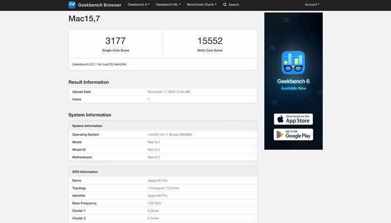 نتایج Geekbench M3 Pro
