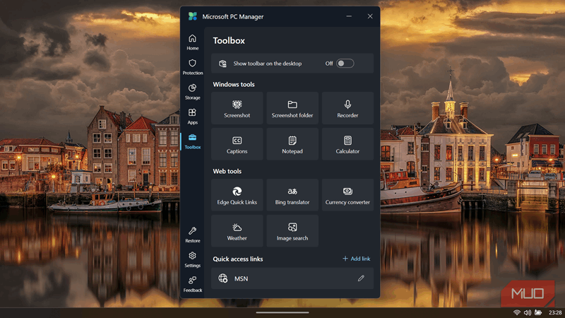 صفحه Toolbox Microsoft PC Manager
