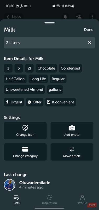 صفحه جزئیات آیتم شیر نمایش مقدار و گزینه‌های نوع.