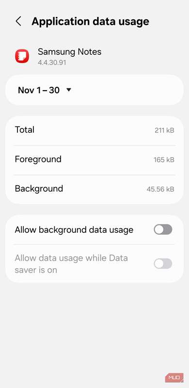 منوی تنظیمات مصرف داده موبایلی در اندروید