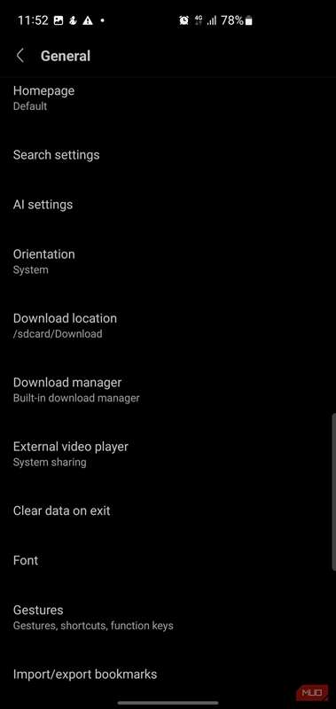 گزینه‌های تنظیمات عمومی بیشتر در مرورگر Via