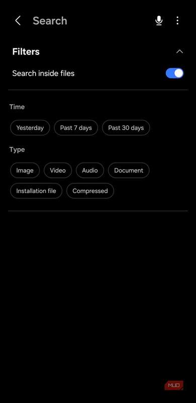 فیلترهای جستجوی My Files با گزینه‌های زمان و نوع فایل
