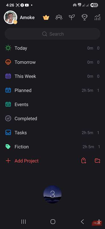 منوی کارها و پروژه‌ها در برنامه Focus To-Do بر روی گوشی اندروید من
