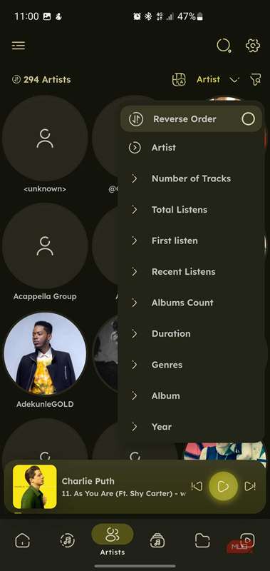 گزینه‌های مرتب‌سازی هنرمندان نامیدا.