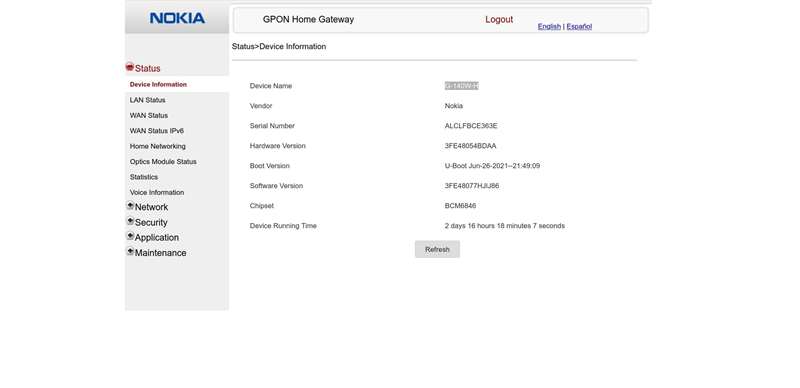 نمای صفحه خانگی مودم/روتر Nokia G-140W-H
