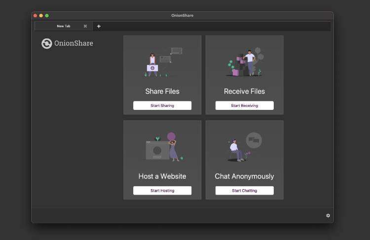 برنامهٔ اشتراک‌گذاری فایل OnionShare با گزینه‌های اشتراک یا دریافت فایل‌ها
