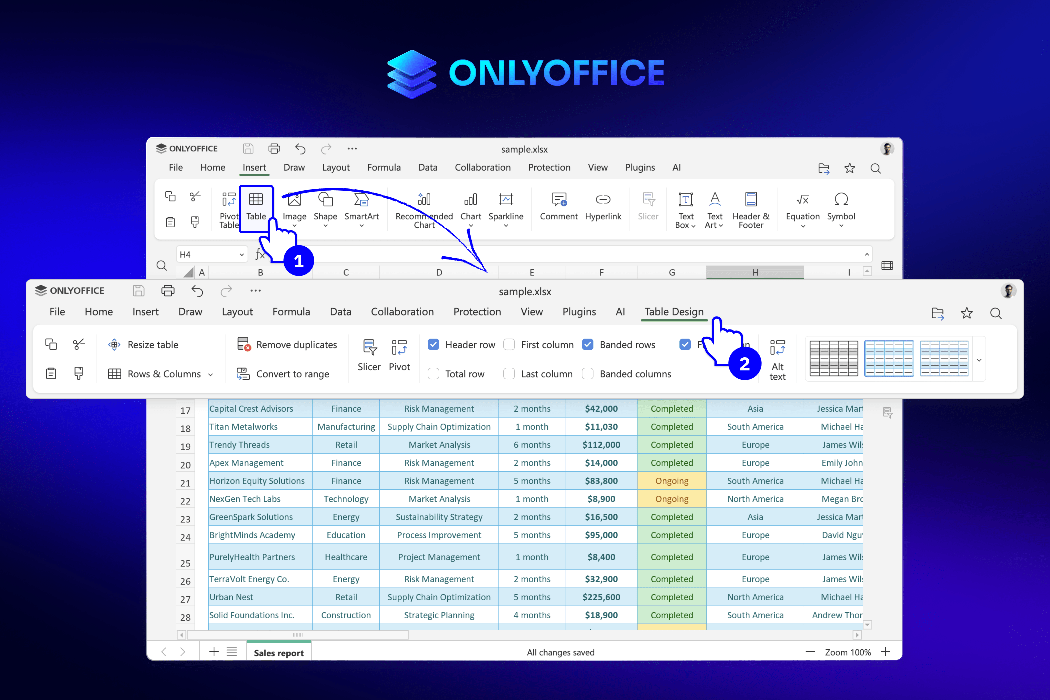 برگه طراحی جدول OnlyOffice Docs 9.1 و نمونه جدول