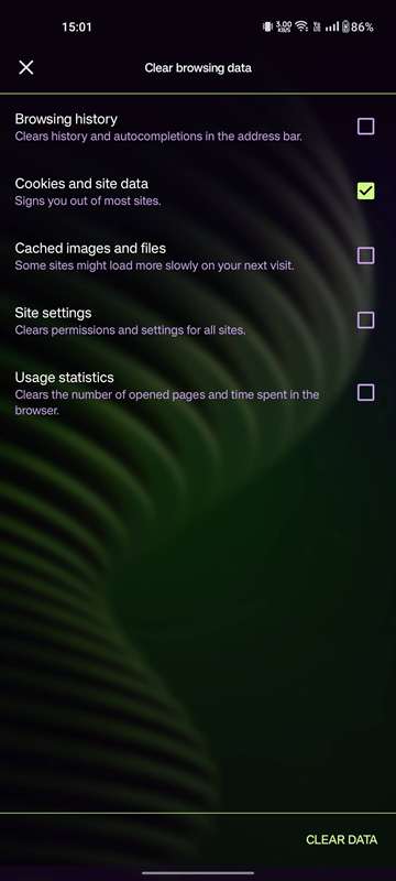 پاک‌سازی کوکی‌های مرور Opera GX