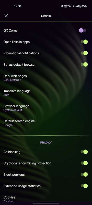 غیرفعال یا فعال‌سازی GX Corner در Opera GX