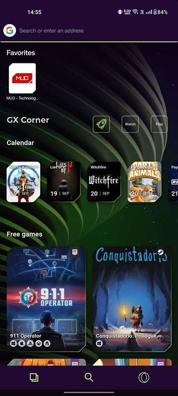 فهرست علاقه‌مندی‌های Opera GX