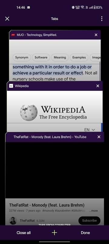 چندین برگه باز Opera GX