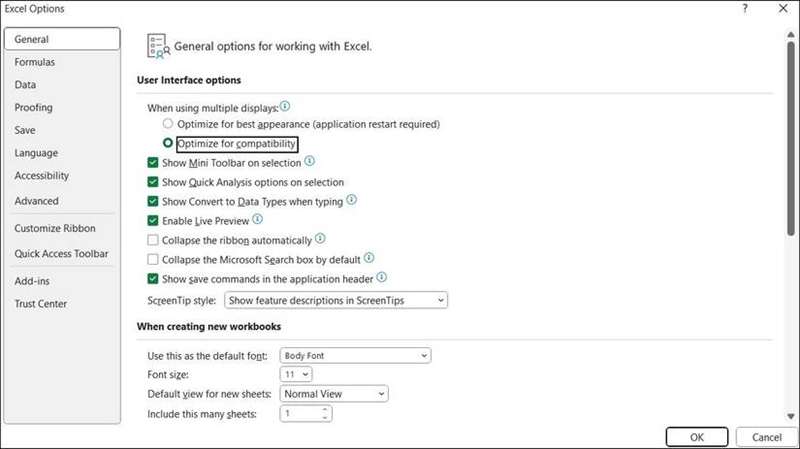 بهینه‌سازی اکسل برای سازگاری