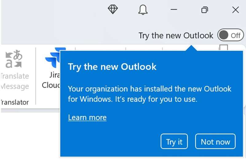 Outlook نمایش یک اعلان جدید برای امتحان Outlook جدید