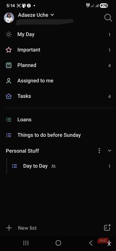 صفحات، فهرست‌ها و گروه‌ها در Microsoft To Do بر روی موبایل.